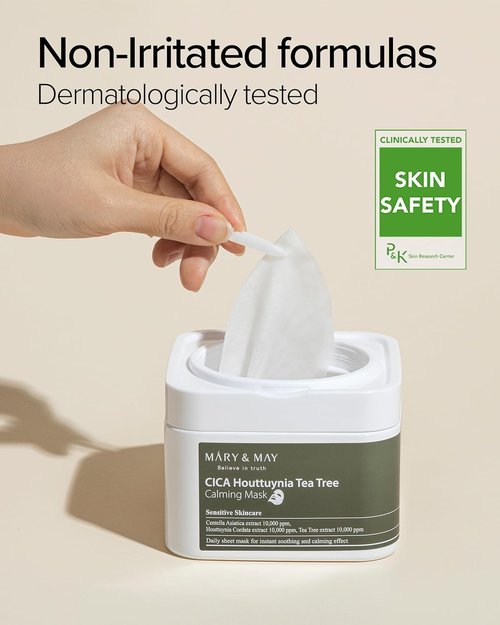 Mary&May CICA Houttuynia Tea Tree Calming Mask - Soothing & Moisturizing Sheet Masks | 30 Hypoallergenic Sheets