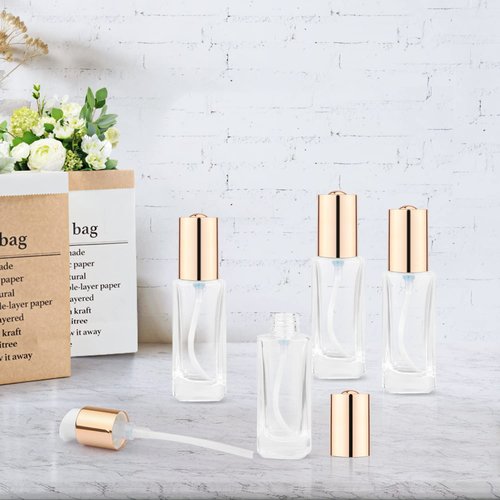 4 Pack 30ml/1oz Clear Glass Pump Bottle Empty Square Lotion Foundation Container Refillable Cosmetic Dispenser with Press Pump for Essence Emulsion Cleanser Body Cream - Golden Lid
