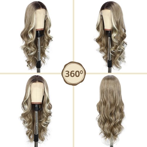 BABEHERS Ash blonde Lace Front Wig for Women 13x4 Body Wave Synthetic lace Front Wigs Omber Pre-plucked Long Wavy 150% Density Heat Resistant Hair Daily Use 26 Inch
