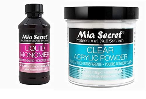 MIA SECRET Liquid Monomer & Clear Acrylic Powder Nail Art System - 4oz Each for Professional Results