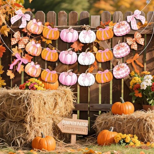 Fall Pumpkin Garland Banner with Bows – Autumn Halloween Thanksgiving Decor
