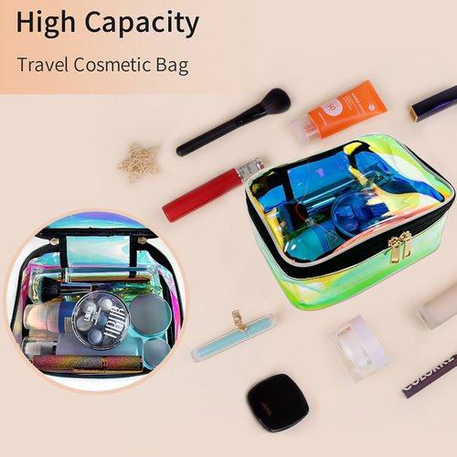 Holographic Clear Cosmetic Bags 2 pcs Transparent Iridescent Makeup Pouch Waterproof Organizer Case-Holographic Blue