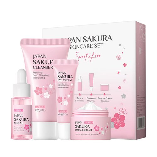 Travel Skincare Kit - Sakura Gentle Daily Face Routine Set for Teen Girls & Women | Hydrating Cleanser, Anti-Aging Serum, Moisturizer, Eye Cream - Radiant Skin Mini Holiday Box Gift (4PC)