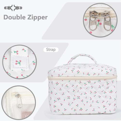Hyfant 2Pcs Floral Quilted Makeup Bag Set Coquette Makeup Bags Large Cotton Cosmetic Bag Cute Makeup Bag with Bow Pattern Portable Travel Toiletry Bag For Women