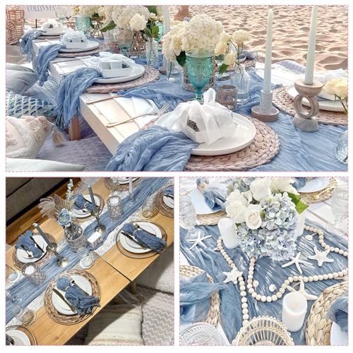 Dusty Blue Cheesecloth Table Runner 35x120 Inch Set of 6 - Rustic Boho Summer Wedding Decor