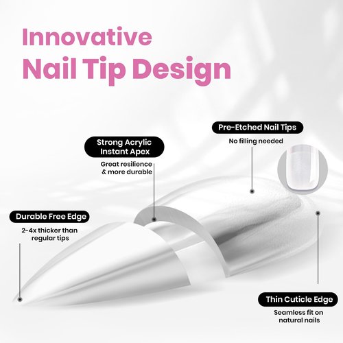 Beetles Tipex Lite Instant Apex Nail Tips, Medium Stiletto, 16 Sizes | 00–14, Built-in Apex Acrylic Tips for Flat & Natural Nail Beds, Beginner-Friendly Easy DIY Nail Extensions
