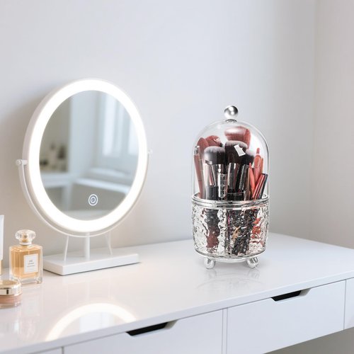 Eorbow Rotating Makeup Brush Holder, Dustproof Cosmetic Tools Organizer with Lid, 360° Spinning Covered Brushes Storage with Anti-slip Pads for Vanity, Bathroom Countertop & Bedside Table, Clear