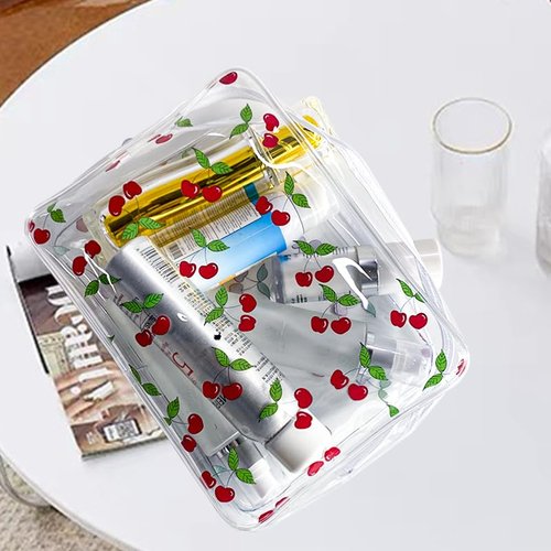 TotePrint 2PCS Red Cherry Transparent PVC Cosmetic Bag, 9.84x7.09x2.36inch Portable Waterproof Storage Bag for Girls' Cosmetics and Toiletries. (Cherry printing L-2pcs)