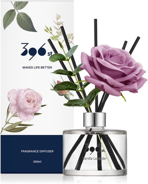 Rose Flower Reed Diffuser by 396 St. - Vanilla Lavender Scent | 200ml (6.7oz) Home Fragrance Decor