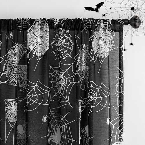 Halloween Sheer Curtains for Living Room & Bedroom - 50W x 63L, Pack of 2, Spider Web Print, Black