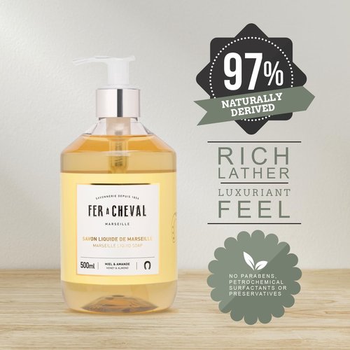 Fer à Cheval Honey & Almond Nourishing Liquid Soap - Natural Almond & Coconut Oil Blend, Ultra Gentle & Moisturizing, Eco-Conscious - Set of 2, 500ml / 16.9 f oz