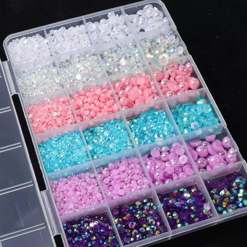 24Grid Blue Flatback Pearls and Rhinestones for Crafting Pink White Stones Mixed Size 3-8mm Resin Rhinestones and Half Pearls for Bedazzling Nail Art and Decoration with Tweezer and Pickup Pencil