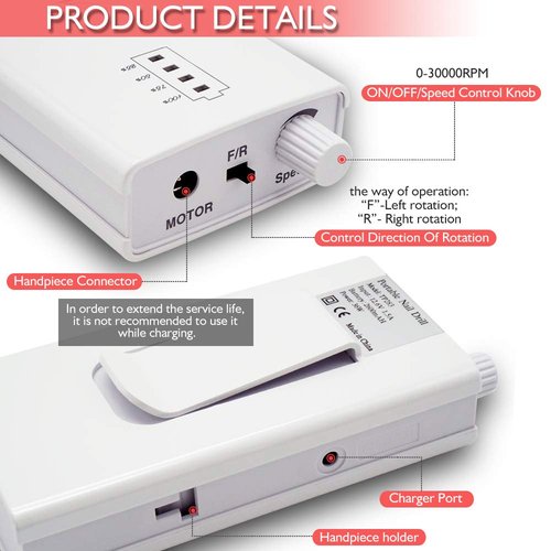 Nail Drill Machine, AZ GOGO 30000RPM Professional Rechargeable Portable Electric Efile Nail Drill for Acrylic Gel Nails, Manicure/Pedicure, Polishing, Cuticle - Salon or Home Use(White)