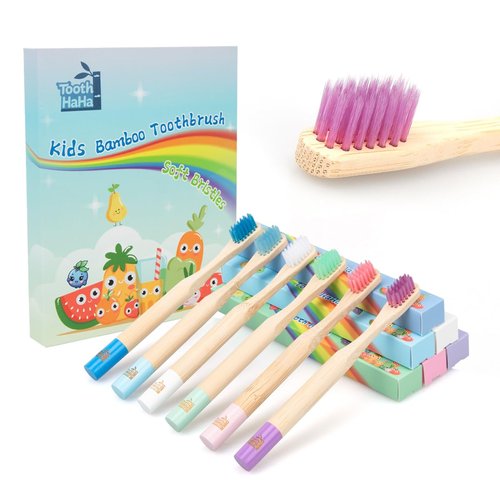 Tooth HaHa Kids Bamboo Toothbrushes, BPA-Free Soft Bristles, Eco-Friendly Natural Wooden Toddler Toothbrush, 6-Pack Travel Toothbrushes Set for Children