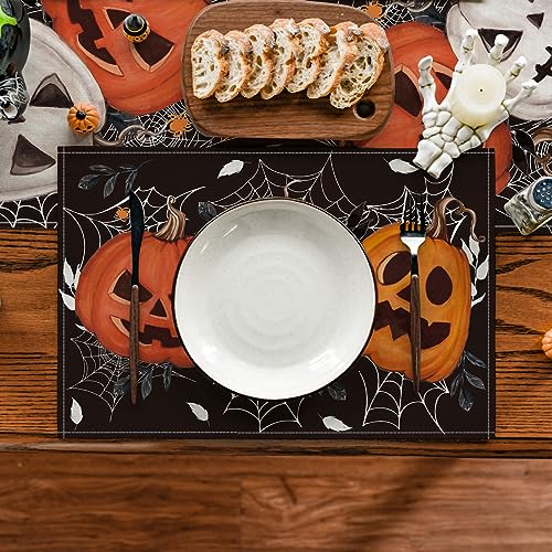 Halloween Pumpkin & Spider Web Placemat Set of 6 - 12x18 Inches, Rectangular, Black