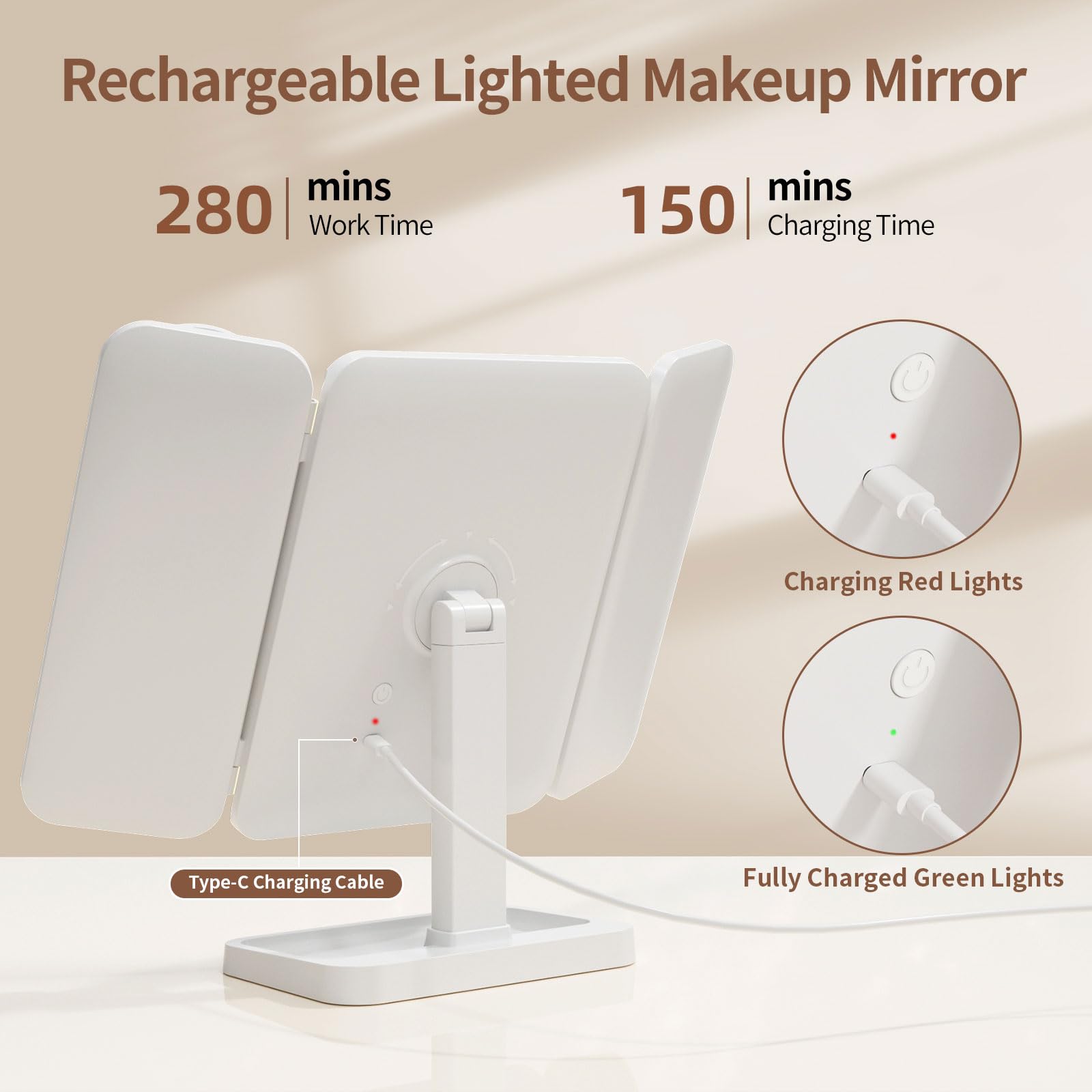 YGGPOQO Lighted Makeup Mirror with 75 LEDs, Rechargeable Vanity Mirror with 1X/2X/3X/10X Magnification, 3 Color Modes & Touch Dimming, Portable Folding Mirror for Travel Desk, Gifts for Women & Girls