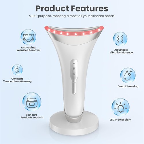 7 Color Light Face and Neck Massager Tool of Double Chin Reducer, Facial Massager with Adjustable Vibration and Thermals for Wrinkles Face Sculpting Tool with Base (White)