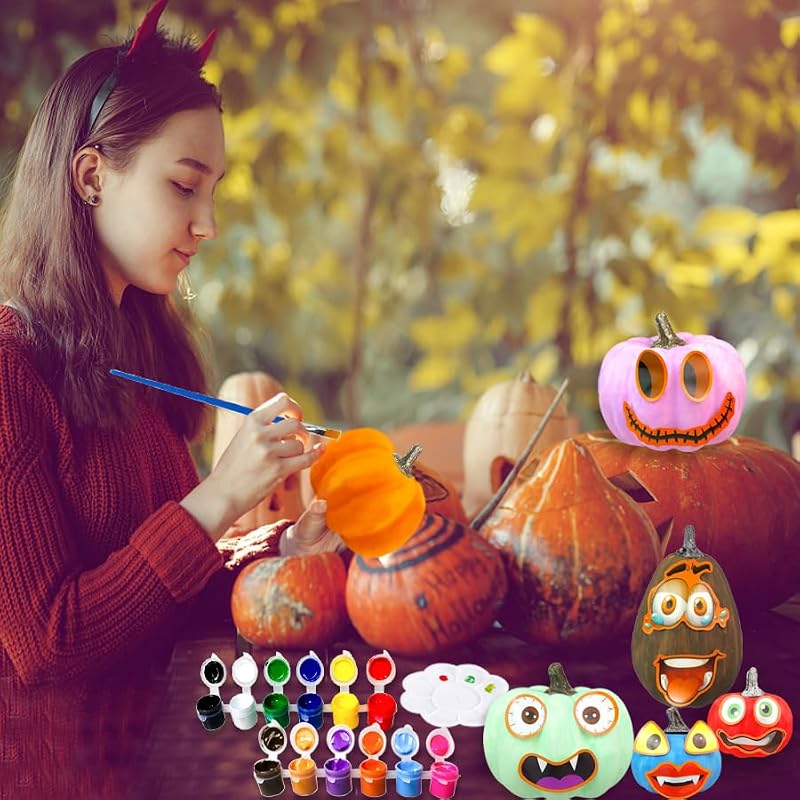 Kids Halloween Pumpkin Decorating Kit with 11 White Plastic Pumpkins & Paint - Variation 11