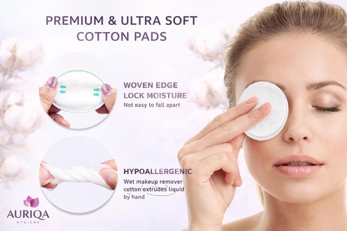 Auriqa Hygiene Premium Cotton Pads for Makeup Removal Round Pads - (Buy 2 Get 1 Free) Pack of 3 - White Cotton, with Aloe Vera Extracts, Embossed, Double Sided, for Skin Cleaning (80 Each)