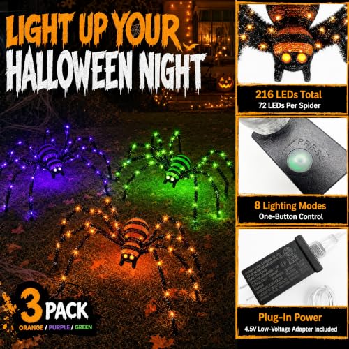 Giant Lighted Halloween Spider Set - 4.1 Ft Creepy Yard Decorations with 8 Lighting Modes