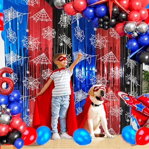 Spider Web Birthday Decorations 2 Pack Foil Fringe Curtains - Blue, Red & Black Variation