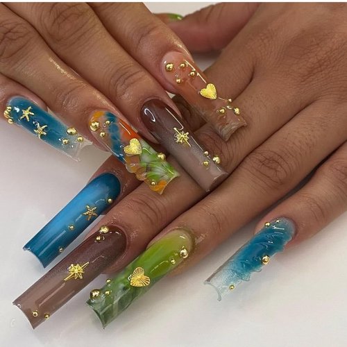 Pizadix 6 Boxes Summer Nail Art Rhinestones, 3D Ocean Theme Nail Charms Alloy Sliver Gold Beach Starfish Conch Seashell for Women Girls Nail Decorations DIY Craft Jewelry