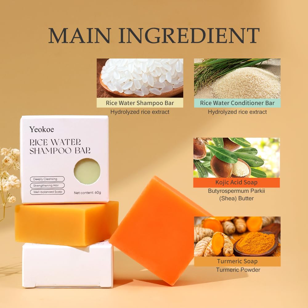 Yeokoe Turmeric Soap Bar & Rice Water Shampoo Conditioner Set - Deep Cleansing, Spa Gifts for Women