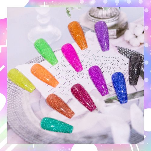 MIZHSE Neon Reflective Glitter Gel Polish 7ml, Sparkly Disco Diamond Nail Polish Kit 12 Pcs, Reflect Blue Pink Soak Off UV LED Manicure Set Nail Art Salon