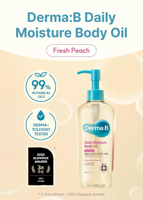 Derma B Daily Moisture Body Oil - 99% Natural Argan & Sweet Almond Oil | Hydrating Shower Oil for Dry Skin | 6.78 fl oz (200ml)