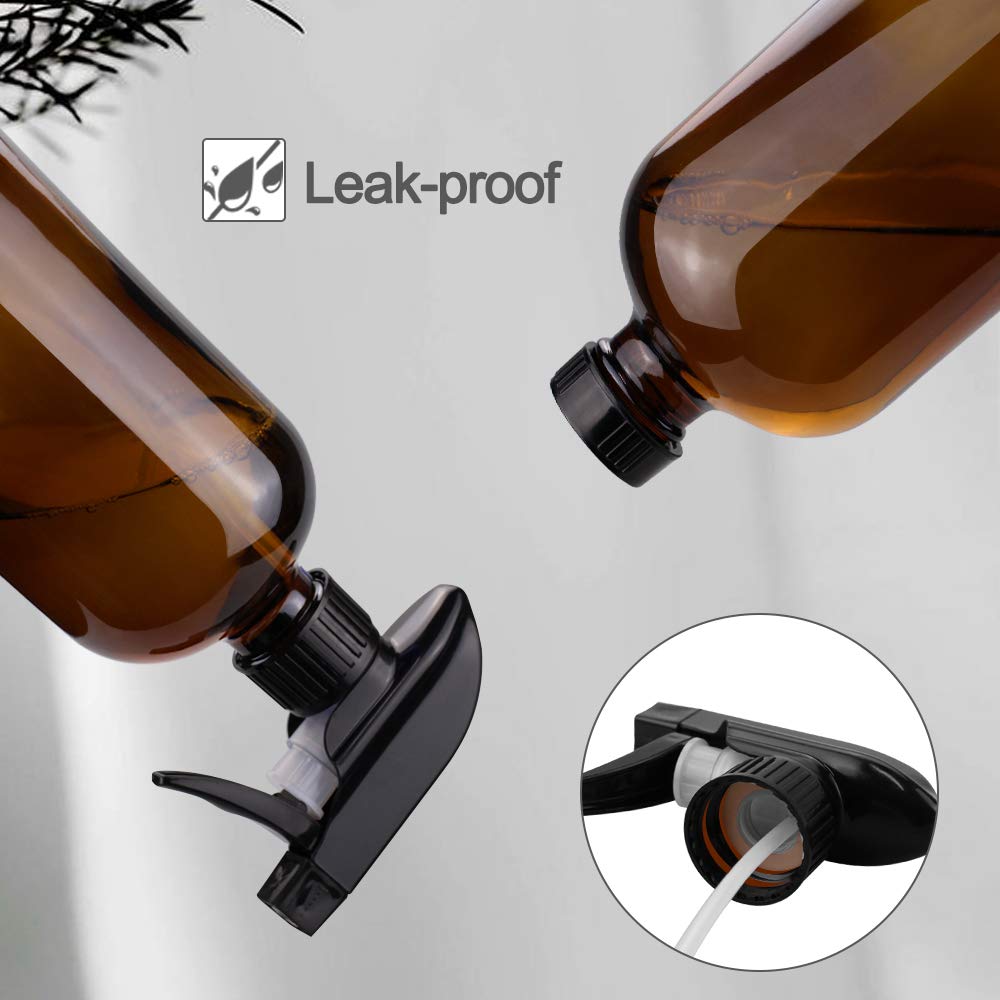 Worldgsb 16oz Amber Glass Spray Bottles - Reusable Containers with Labels & Adjustable Nozzle for Cleaning, BBQ, Food, Plants, Alcohol, Essential Oils