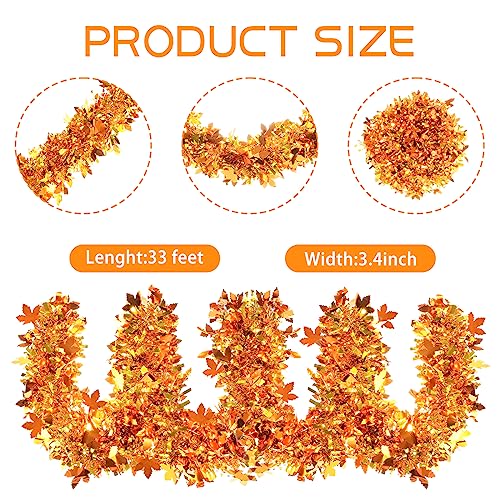 33Ft Fall Tinsel Garland with Maple Leaves, Metallic Twist for Thanksgiving Halloween Decor