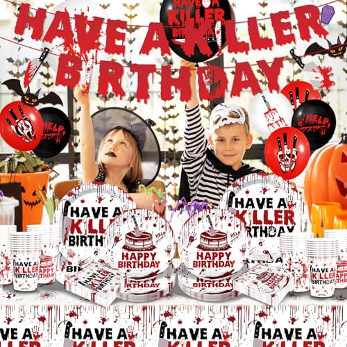 Halloween Horror Birthday Party Decorations Set with Banner Plates Balloons Cups Napkins & Tablecloth