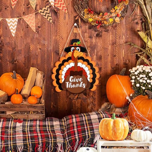 Thanksgiving Wooden Door Wreath - Large Turkey & Pumpkin Fall Decor - Bow Tie Variation
