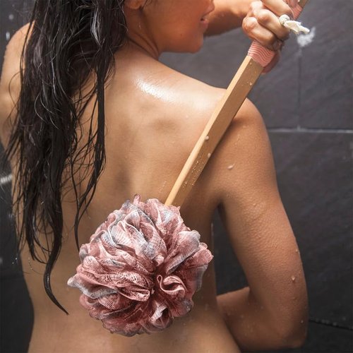 Toem® Loofah Back Scrubber for Shower | Bamboo Charcoal Fiber Infused | Loufas for Men & Women | Includes 1 Long Handled Shower Sponge, 1 Bath & Shower Luffa Pouf & 1 Hook to Hang Stuff (Rose Pink)