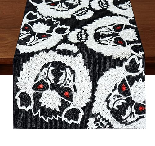 Halloween Beaded Table Runner - Black White Werewolves, 13x36 - Handmade Decor