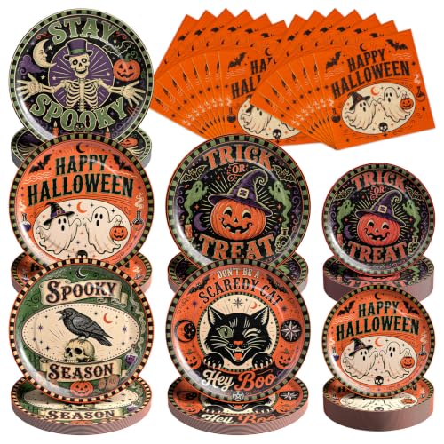 Heavy-duty Halloween Paper Plate & Napkin Set - Black Orange Mix, Round 9in & 7in, Disposable Party Supplies with Spooky Gothic Design
