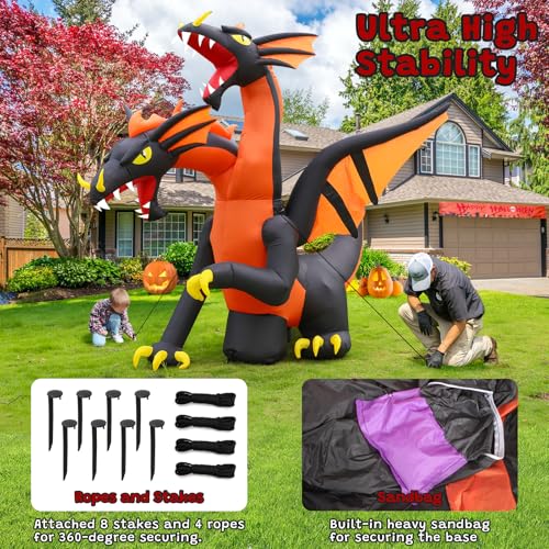 Giant Halloween Inflatable Double Headed Dragon - 9.5 FT Outdoor Yard Decoration with LED Lights