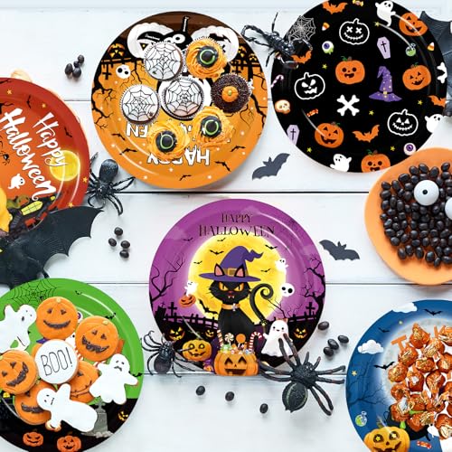Halloween Paper Plates 9 Inch 60 Pack - Trick or Treat Boo Pumpkin Black Cat Spider