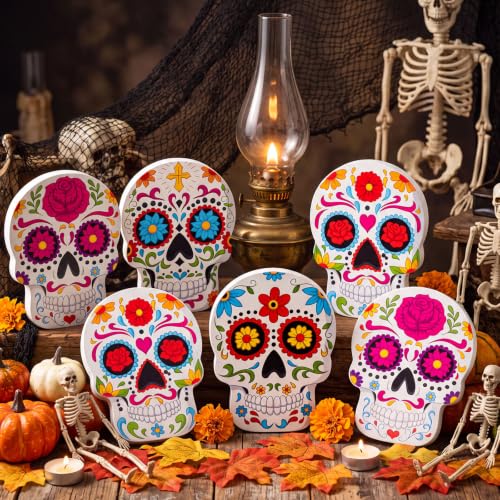 6 Pcs Day of The Dead Sugar Skull Table Decorations - Wooden, Modern, Vibrant