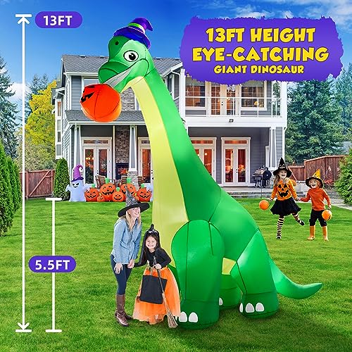 Giant Halloween Inflatable Dinosaur with Pumpkin & Witch Hat - 13Ft Yard Decor with LED Lights