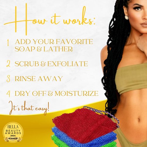 Luxxy® | 3 Pack Set 2 Soft African Exfoliating Nets & 1 Rough African Net Sponge with Handles For The Back, Neck or Feet, Black Women Owned, Achieve Smooth Soft Silky Skin, For Daily Use & Great Gifts