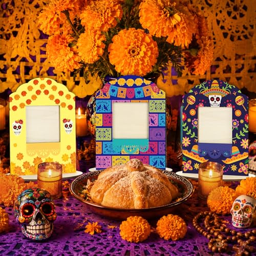 12-Pack Day of the Dead Wooden Photo Frames for Dia De Los Muertos Decorations - Mexican Fiesta Altar Sign Set