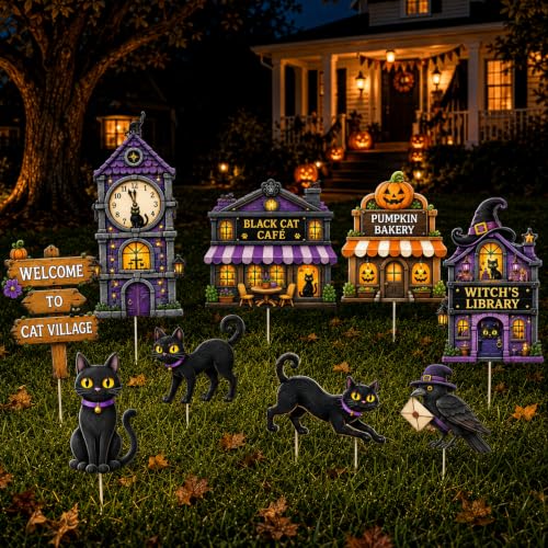 Halloween Yard Signs Outdoor Decorations Set - Black Cat Village Scene, 12 Pcs