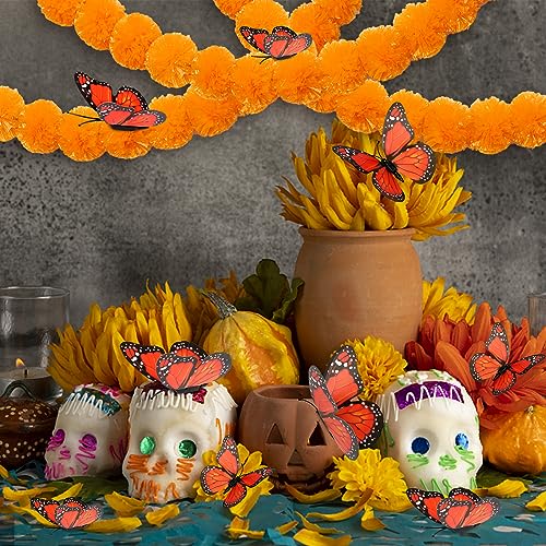 Halloween Marigold Garland with LED Lights & Butterfly Decor - 24 Pieces, 5ft