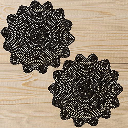 Black Crochet Doilies Set of 2 - 15 Inch Round Cotton Lace Coasters for Home Decor