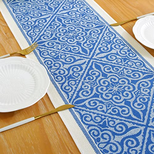 Royal Blue Floral Boho Table Runner 13 x 48 Inches - Handmade Rustic Decor