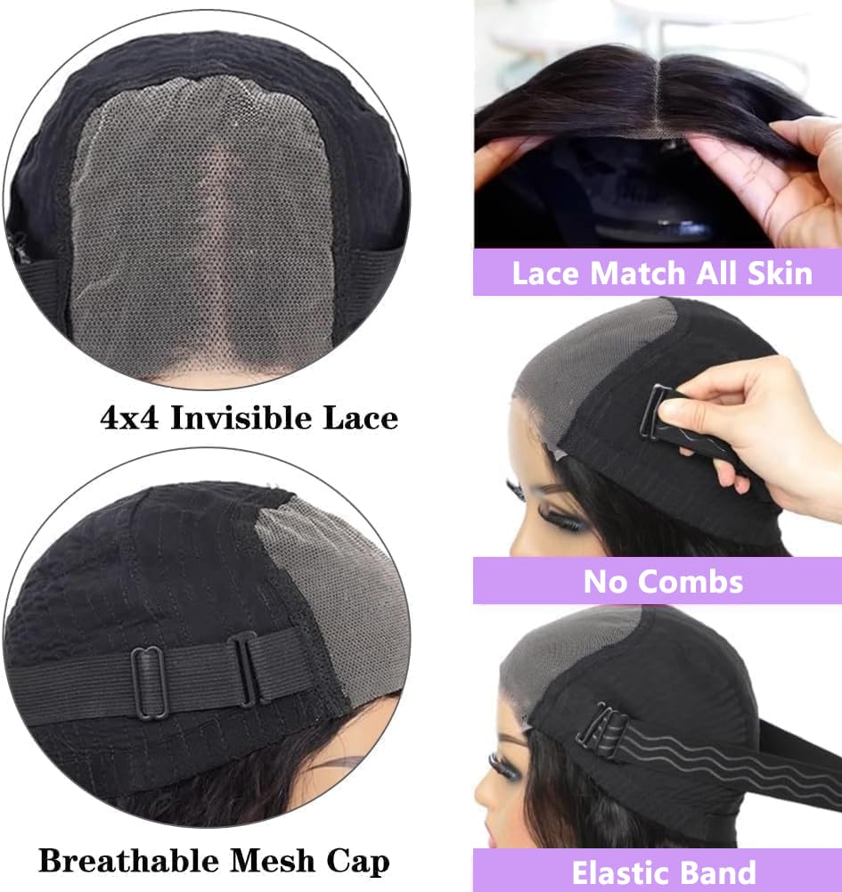 Wear and Go Glueless Wigs Human Hair Pre Plucked Pre Cut Body Wave Bob Wig for Black Women 4x4 Lace Closure Glueless Wigs Black Wig Bleached Knots 180% Density 12 Inch