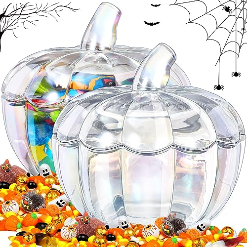 Set of 2 Glass Pumpkin Candy Jars with Iridescent Finish and Lids - 70 oz Halloween Decor