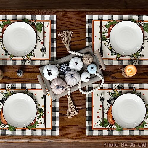 Pumpkin Buffalo Plaid Fall Placemats Set of 4 - 12 x 18 Inch Rectangular Black and Orange