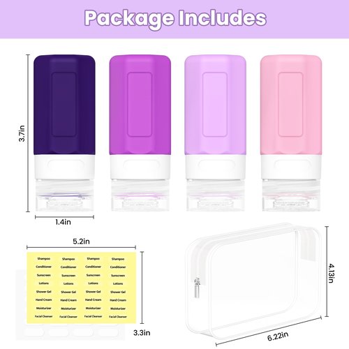 Ruinovate 2 oz Travel Bottles, Small Travel Size Containers, TSA Approved Silicone Travel Toiletries Bottles, Shampoo and Conditioner Travel Kit for Women (Purple)